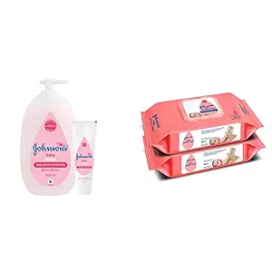 Johnsons Baby Lotion, 500ml with Free Baby Cream, 50g & Baby Wipes, Pack of 2 (160 Wet Wipes) Combo