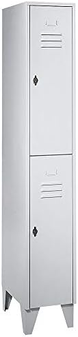 Steel locker with stud feet, compartments divided horizontally, solid panel doors, compartment width 300 mm, 2 compartments, light grey.