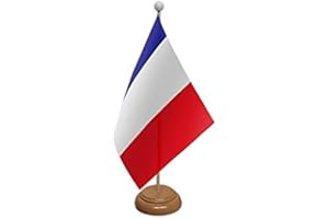 UKFLAGSHOP 9" x 6" France French Tricolour Large Desktop Table Flag With Wooden Base & Pole Ideal For Party Conferences Office Display
