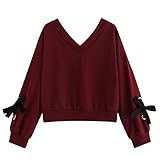 Yvelands Mode Damen Sweatshirt Casual LangarmV-Ausschnitt Fliege Pullover Top Bluse T-Shirt(CN-M,Wein)
