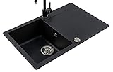  Kit de desagüe de fregadero y desagüe de granito, 1 cuenco con escurridor, negro, blanco beige o gris, sifón automático
