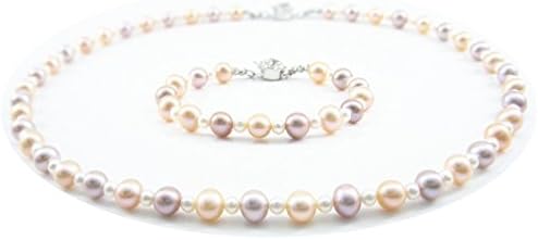 18" Sterling Silver White Pink Lavnder Real Cultured Freshwater Pearl Necklace &amp; 7" Bracelet Sets