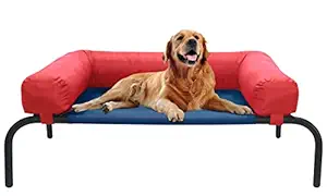 Mellifluous Canvas Elevated Dog Cat Pet Bed - Raised Sides, Waterproof, Breathable, Summer, Cooling, Detachable, Bolster Cushion (XL, Blue-Red)