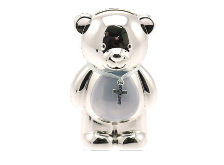Christening Gift Silver Plated Blue Enamelled Teddy Money Box