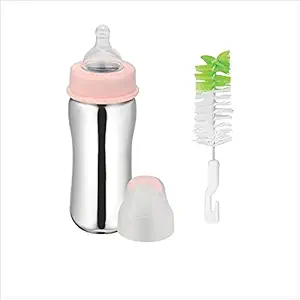 Canberry Stainless Steel Baby Milk / Water Feeding Bottle with Anticolic Nipple and Bottle Cleaning Brush .Capacity 300 ML Easy to Hold Bottle for Kids & Babies. Pack of 1