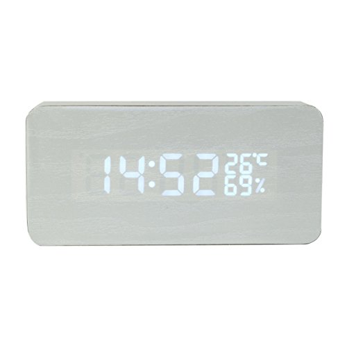 GuDoQi® Multi funktions led holz uhr temperatur und luftfeuchtigkeit display digital sound aktiviert LED alarm weißer typ weiße hintergrundbeleuchtung square typ