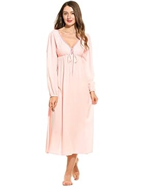 Ekouaer Damen Nachthemd Sleepwear Tiefer V-Ausschnitt Langarm Rückenfrei Nachtkleid Blumenspitze Patchwork Nachtwäsche...