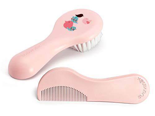 Suavinex - Set Cepillo Recién Nacido Fibras Muy Suaves + Peine Bebé Cantos Redondeados , Color Rosa