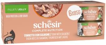 Schesir, Tonnetto con Salmone in Gelatina, Alimento Umido Completo per Gatti, in Lattina, Con Vitamine Aggiunte, 100% Naturale, 6 x 85g