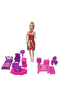 PRIMEFAIR Complete Doll House Set for Kids Doll House Bed Room Light Wardrobe Table Chair Television Dressing Table Lump for Kids Pack of 13 Pies (Pink)