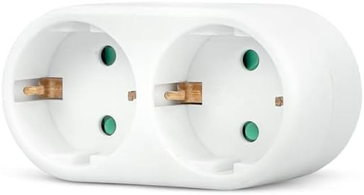 Garza - Adaptador Doble Frontal, (2 Tomas Schuko) | Ladrón Doble de enchufes con Toma de Tierra | Protección Infantil | Blanco