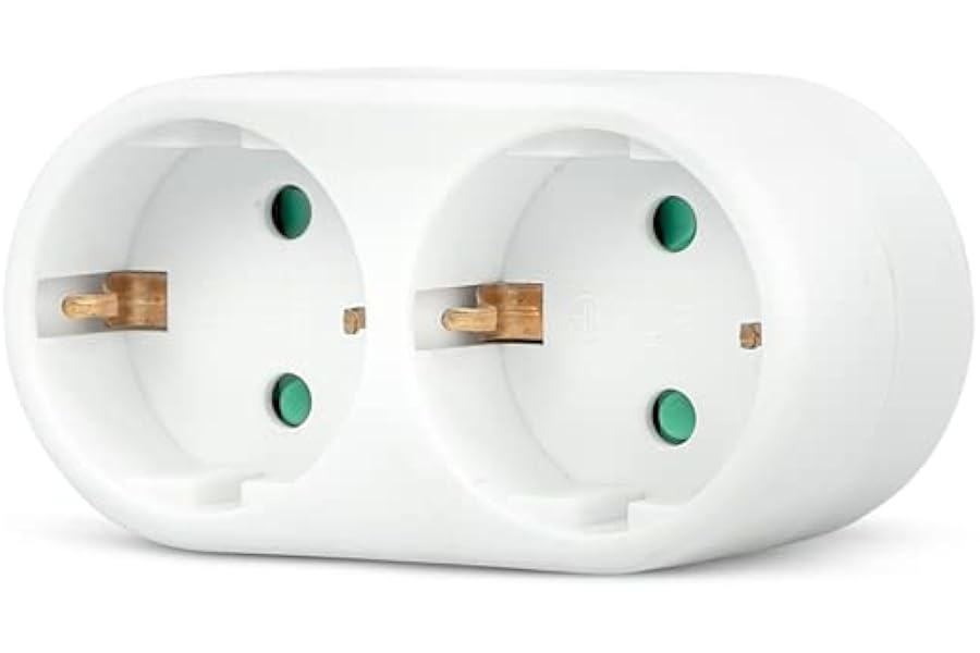 Garza - Adaptador Doble Frontal, (2 Tomas Schuko) | Ladrón Doble de enchufes con Toma de Tierra | Protección Infantil | Blanc
