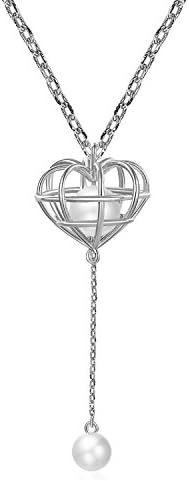 Fancilla White Gold Plated Heart and Pearl Jewellery Necklace for Women with Cage Pendant, 18 inch