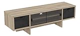 Mesa de TV de 2 puertas correderas y 2 cajones en los extemos. Las puertas tienen un serigrafiado efecto rejilla. Precio económico y estilo moderno industrial.