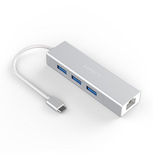 AIFFECT Aluminum USB-C To 3-Port USB 3.0 Hub with Ethernet Adapter For USB Type-C Devices Including The New MacBook 2016, ChromeBook Pixel And More - Silver