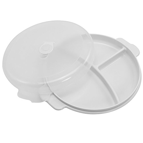 COM-FOUR® 2x Mikrowellengeschirr, Mikrowellenteller aus Kunststoff, dreigeteilt, mit Entlüftung in der Haube, Ø 23cm, transparent-weiß - 2
