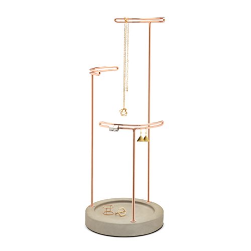 Umbra 299471-633 Jewelry Display Tesora Schmuckständer, Schmuckhalter, Ringhalter, Ohrringhalter, Kettenständer, Armbandhalter mit Ablage, verkupferter Stahl / Gussbeton, grau / kupfer