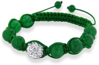 Black Shamballa Unisex Green Cord Green Jade with White Crystal Beads Adjustable Bracelet of 19cm/7.5"