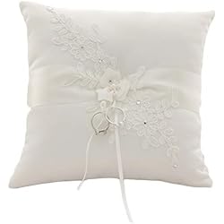 XYJIE Encaje Perla Marfil Satinado Flor Anillo de Boda Portador Almohada 21 cm x 21 cm para Boda Decorativos