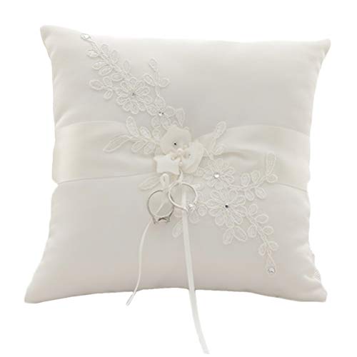 XYJIE Encaje Perla Marfil Satinado Flor Anillo de Boda Portador Almohada 21 cm x 21 cm para Boda Decorativos