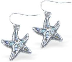 Natural Abalone Paua Shell Starfish Drop Earrings, rhodium plated (P278)