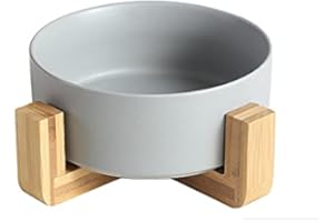 SP SEMPRE + ciotola singola per cani e gatti in ceramica da 850ML in bambù, rialzata e sollevata da terra, base antiscivolo con 4 cuscinetti (SINGOLA 15.5 CM, GRIGIO)