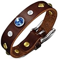 Genuine Brown Leather Gold Color Square Pyramid Stud Belt Buckle Bracelet with Clear &amp; Blue Sapphire CZ
