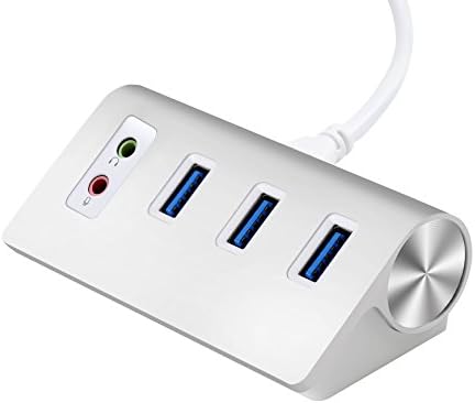 Alcey 3-Port USB 3.0 Portable Aluminum Hub with External Stereo Sound Adapter and 2-Foot USB 3.0 Cable, for iMac, MacBook, MacBook Pro, MacBook Air, Mac Mini, or any PC