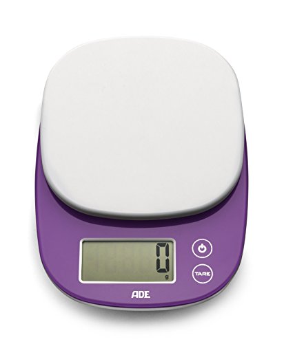 ADE Digitale Küchenwaage KE 1420 Felia. Elektronische Waage für die Küche in platzsparendem Format. Präzises Wiegen bis 5 kg. Mit Zuwiegefunktion (Tara), Sensor-Touch. Inkl. Batterie. Farbe: Lila