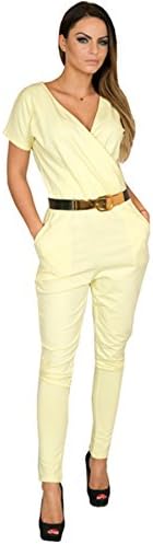 Women's Short Sleeve V Neck Wrap Front Jumpsuit (Yellow)