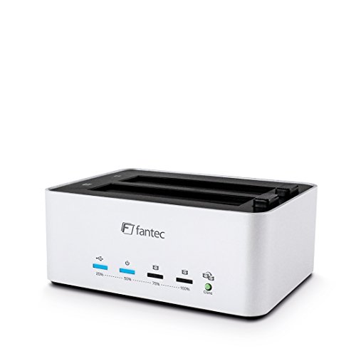 FANTEC AluDOCK 2X 2-fach Docking- und HDD Klonstation (für 6,35 cm (2,5 Zoll) und 8,89 cm (3,5 Zoll) SATA I/II/III Festplatten / SSD's, USB 3.0 SUPERSPEED Anschluss, 1:1 Kopierfunktion, Aluminium Gehäuse) silber