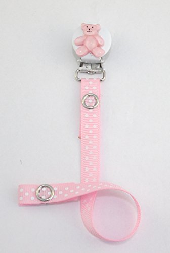 Girls pacifier soother dummy holder clip {baby pink polka dots -white round-pink bear}