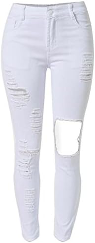 women's jeans disco high waist white denim loose straight trouser zipper pocket holes slim elasticity knee worn pants . white . 42