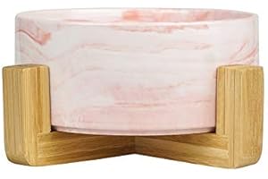 HCHLQLZ Rose marbré Pet Gamelles pour Chien et Chat Gamelles Chien Chat Céramique Support Bambou -Va au Lave-Vaisselle et Facile à Nettoyer