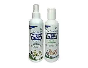 Dr Venture Anti-tick and Flea Neem Dog Shampoo 200 ml + Anti-Tick and Flea Spray for All Breeds Like Dogs, Cats and Puppies Kills & Repels Fleas, Ticks and Lice Enriched with Neem and Aloevera 200 ml