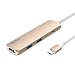 Produktbild QacQoc USB C Hub Typ C Adapter Aluminium mit 1 USB-C Ladeanchluss, 1 HDMI Port 4K(30Hz), 2 USB 3.0 Ports für MacBook/Pro 2015/2016 (Gold)
