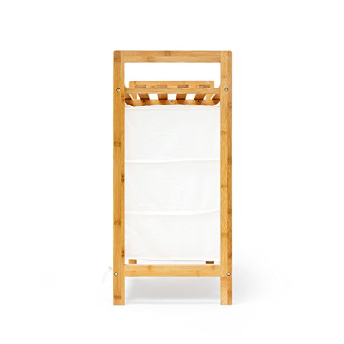 Relaxdays Wäschesammler Linea Bambus HxBxT: ca. 77 x 69,5 x 36 cm Wäschepuff mit 40 Litern Volumen 2 Ablagen und 3 Fächern als Wäschebehälter mit Wäschesack aus weißem Stoff und 2 Griffen, natur - 5