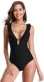 SHEKINI Damen Sexy Neckholder Einteiliger Badeanzug Rüschen Tief V-Ausschnitt Bikini High Waist Cutout Push Up Padded Schwarz Monokini Bauchweg Frauen (Small, Schwarz)