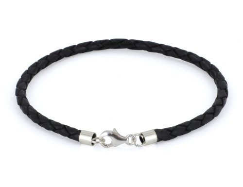 AURORIS Echtleder-Armband geflochten 3mm mit 925 Sterling-Silber Karabinerverschluss - Länge: 17cm / Farbe: schwarz