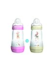 MAM Biberon Anti-Colique - 260ml - 0 à 6 mois - Tétine Débit 2 - Lot de 2 - Rose et blanc