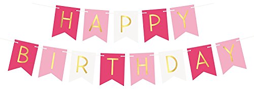 Pink & Weiß Dreifarbig Happy Birthday Geburtstags Banner mit goldenen Buchstaben – Geburtstag Dekoration – 18. 20. 30. 40. 50.