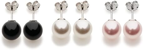 925 Sterling Silver Rhodium Plated - 3 Pair Set - Stud Earrings with Swarovski White Rose Black Pearls 8 mm - Premium Quality, Elegant &amp; Perfect Gift Idea - Exclusively by Galaxy Fashion Jewellery