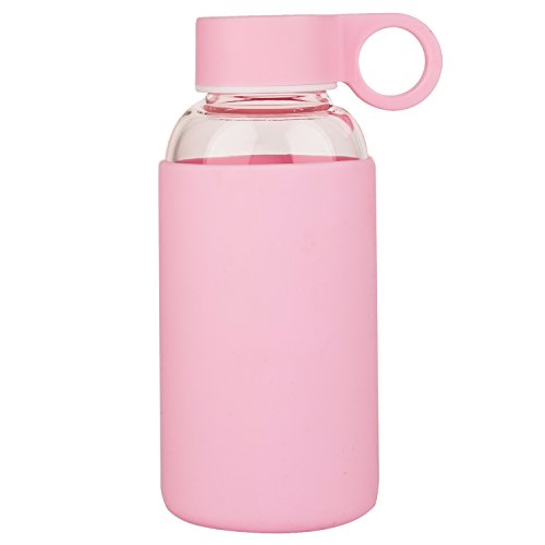 Justfwater, bottiglia in vetro borosilicato con manicotto in silicone senza bisfenolo A, da 350 ml, Pink, 350 ml