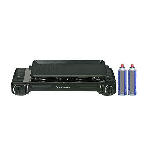 Réchaud plancha XXL Gaz 2 feux 4400W FIVESTAR 2en1+ Plancha grill Réchaud à Gaz portable avec Mallette + 2 Cartouches 227gr