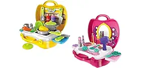 BVM GROUP Combo of Carry Along 26 Pcs Kitchen Kit Set and 22 Pcs Beauty Kit Makeup Set Toy Toy for Kids Girl Kids Mini Beauty and Kitchen Briefcase with Suitcase and Usable Accessories