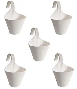 VIMIFORYOU Heavy Plastic Railing Hook Pots, Hanging Planters for Plants Balcony, Garden- Pack of 5 (White)