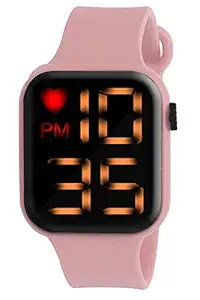 WRIGHTRACK Latest New Generation Sports Digital Square Black Dial Day Date Calendar Yellow LED Watch for Boys, Girls & Kids (Pink)