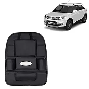 RD Universal PU Leather Car Auto Seat Back Organizer Multi Pocket Travel Storage Bag with Hangers, Tissue Paper and Bottle Holder-Black Colour Compatible for Maruti Suzuki Vitara Brezza