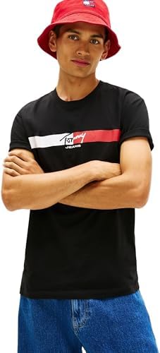 Tommy Jeans Uomo T-Shirt Maniche Corte Signature Stripe in Cotone, Nero (Black), XXL