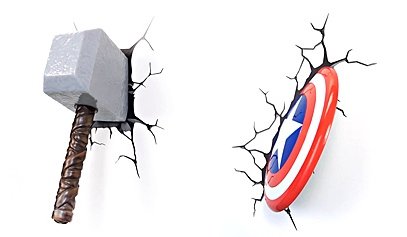 Captain America and Thor 3D Deco Wall Light / Nightlight Deluxe Set Shield & Hammer